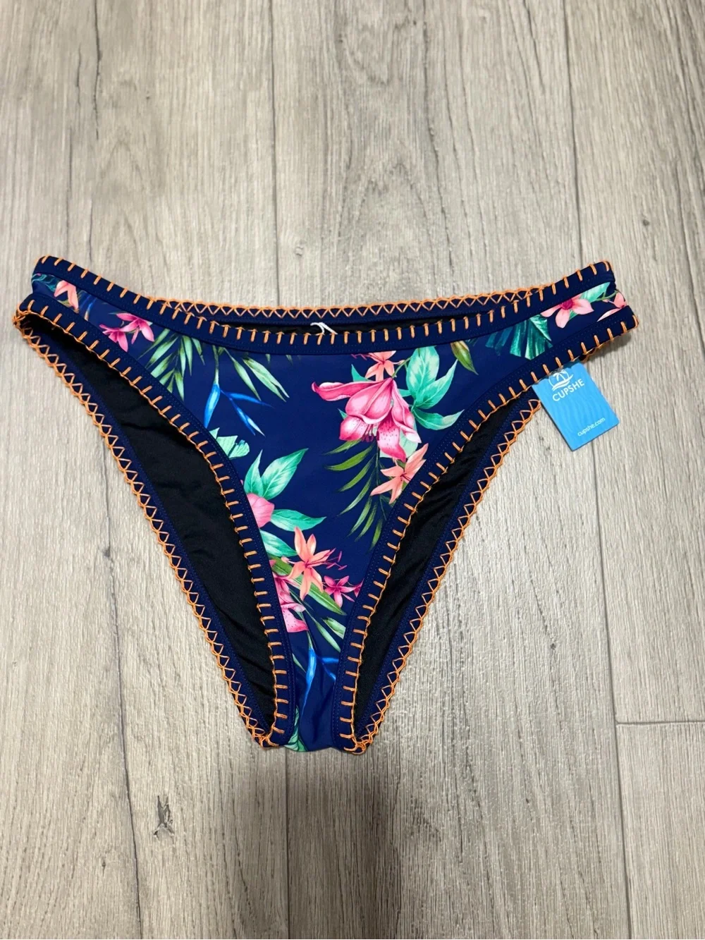 NWT Cupshe Tropical Navy Floral Bikini Set with Orange Stitching